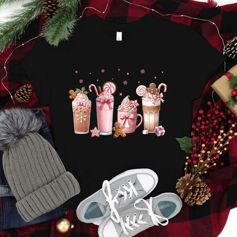 

Funny Christmas Coffee Print T-Shirt Women Loose Short Sleeve Round Neck Top Female Casual Shirt Tees