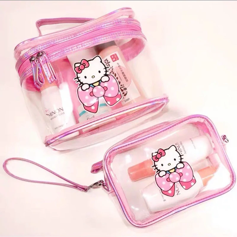  Hello Kitty Makeup Bag Transparent PVC Cute Strawberry Bow Handbag Cartoon Printed Portable Large Capacity Toilet Bag