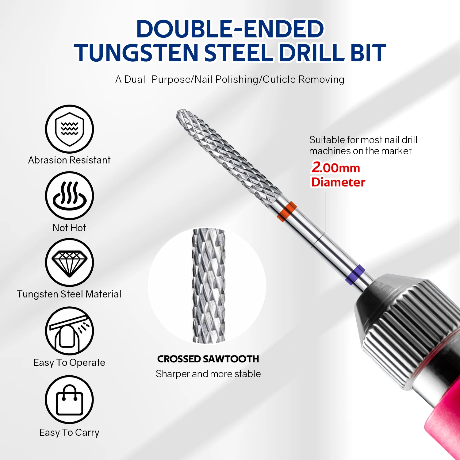 Broca para uñas disponible de doble cabezal, carburo de tungsteno profesional 2 en 1, accesorios para limpieza de cutículas de uñas, 1 ud.