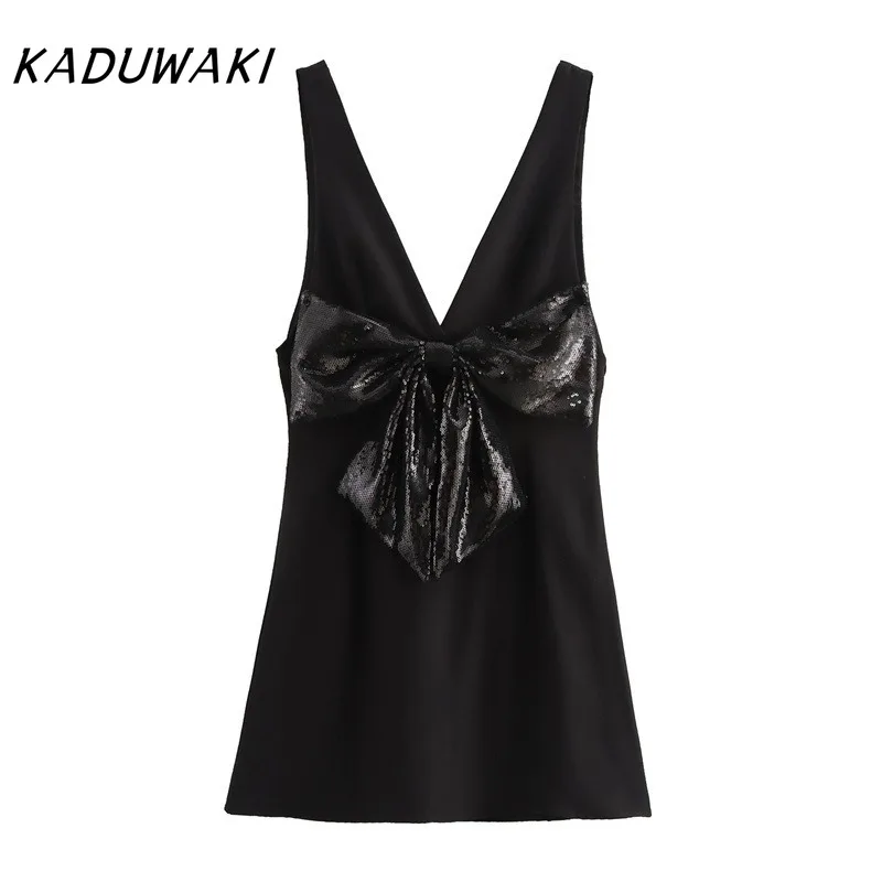 KADUWAKI Big Bow Women Short Dress Sexy Sleeveless Backless Zippers Female Mini Dresses Spring Party Evening Lady Cocktail Robe