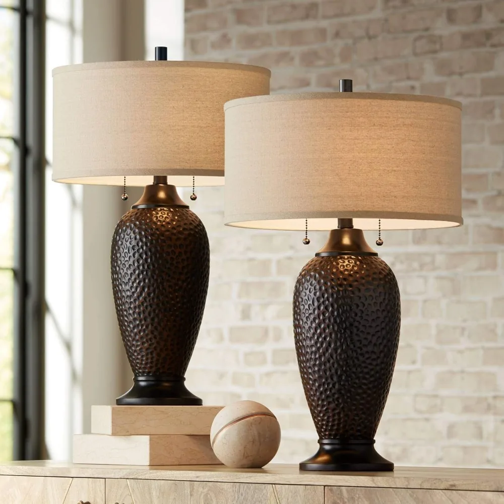 

Cody Modern Industrial Rustic Table Lamps 26" High Set of 2 Hammered Oiled Bronze Brown Oatmeal Linen Drum Shade fo