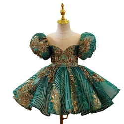 Green Bling Sequin Princess Ball Gown Dress for Girls Birthday Carnival Pageant Party Dress for 1-14 Year Old Kids Cute