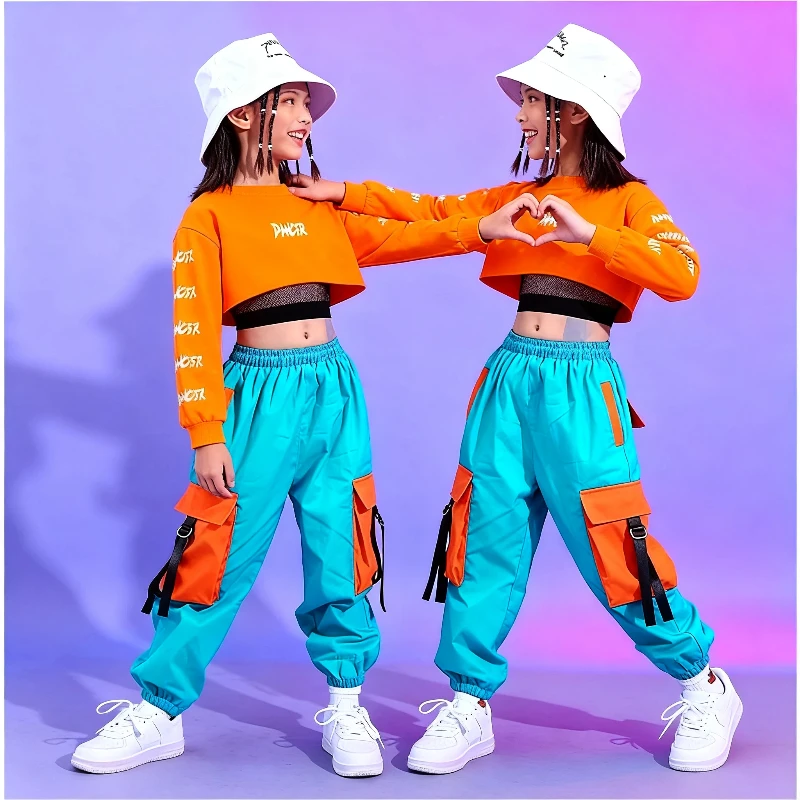 Hip Hop Girls Crop Top contrast Cargo Pants Child Jazz Joggers Streetwear Sweatshirt Kids Street Dance Cheerleader Clothes Sets