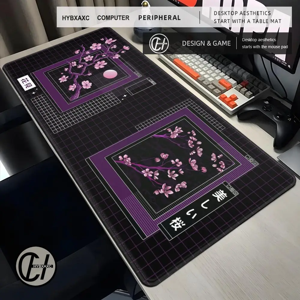 Dark Vaporwave Retro Desk Mat Japanese Anime Kawaii Mouse Pad Lo Fi Purple Sakura Cherry Blossom Gaming Extended Pad Extra Large