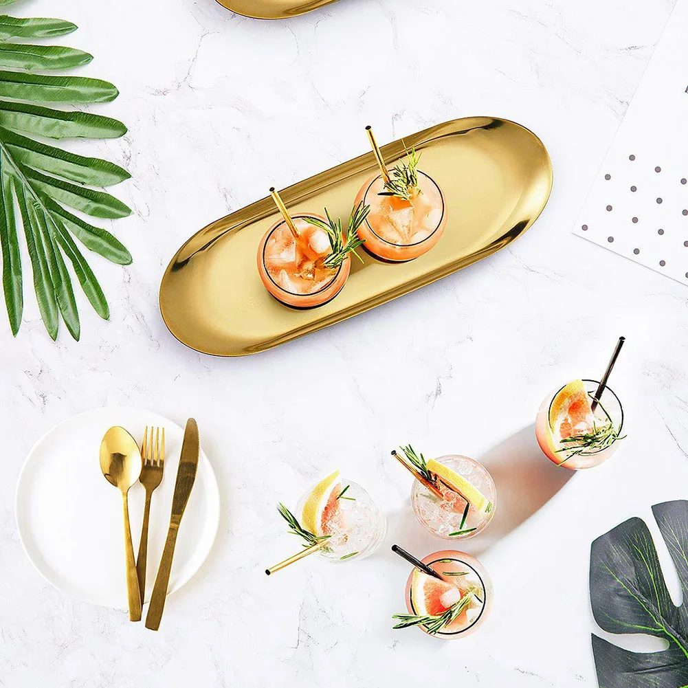 Oval Stainless Steel Tray Gold Tea Fruit Desserts Jewelry Earring Tray 18cm Kitchen Bedroom Home Storage Accessory