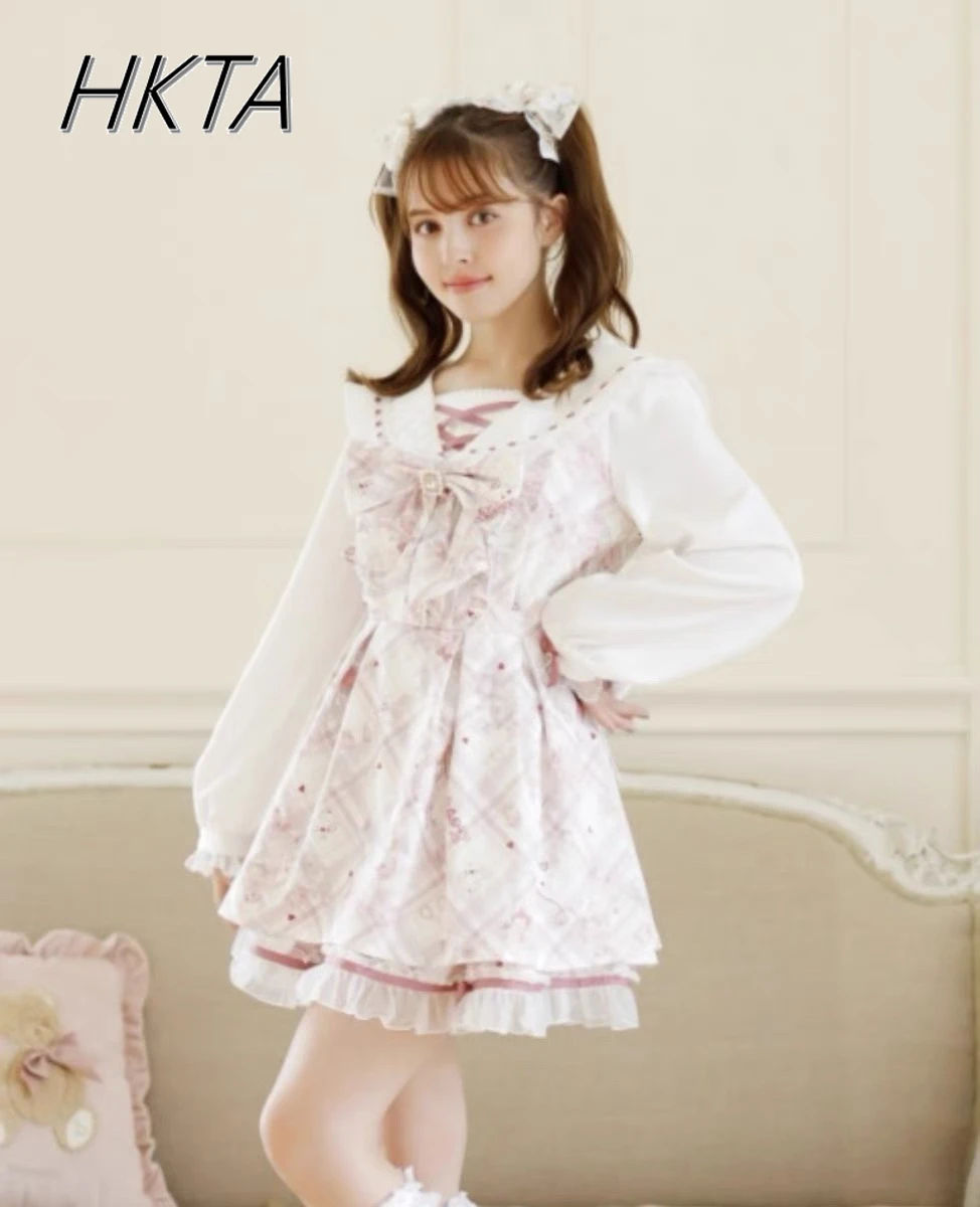 2024 Autumn New Japanese Liz Dress Sweet Girls Lolita Bow Cute Cartoon Print Long-sleeved Dress Set Mine Short Skirt 2-piece Set