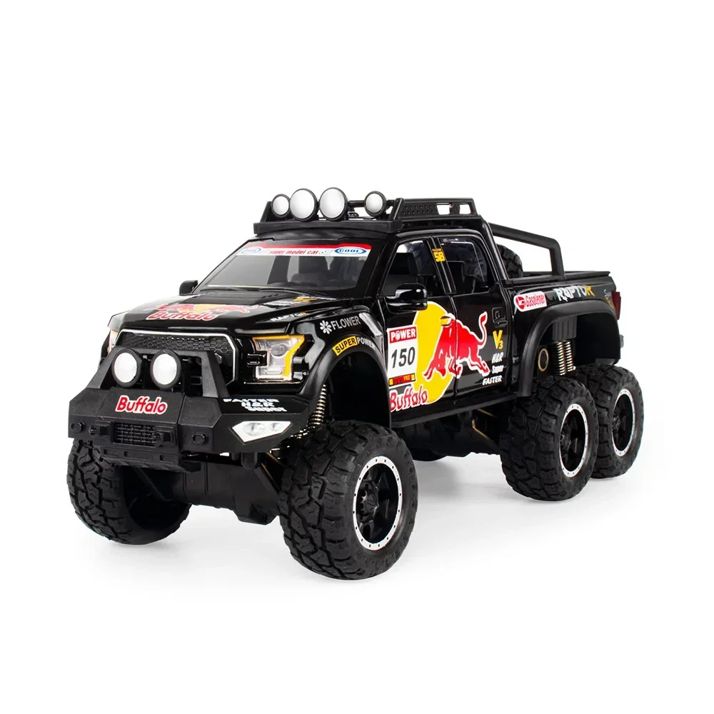1:28 Grande RUOTA Ford F150 6x6 fuoristrada Pressofuso in lega di metallo Modello Tirare indietro Suono Luce Auto Collezione regalo per bambini A440