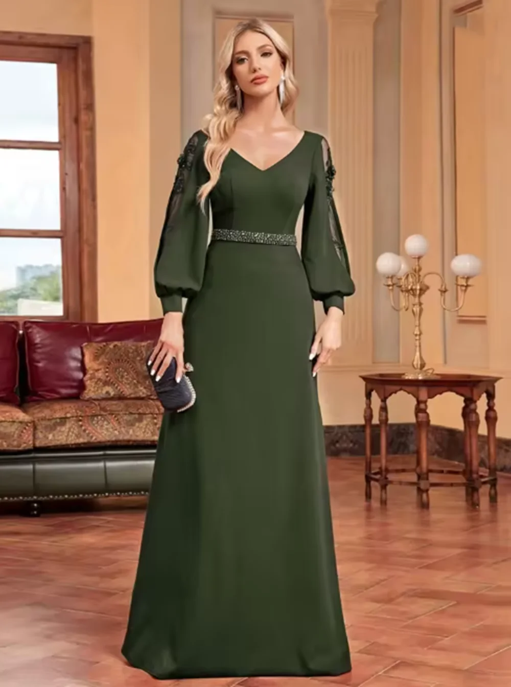 

Plus Size Luxury Empty Long Sleeves Floor Length Evening Dresses Women Elegant Weedding Party V-neck Cocktail Gowns