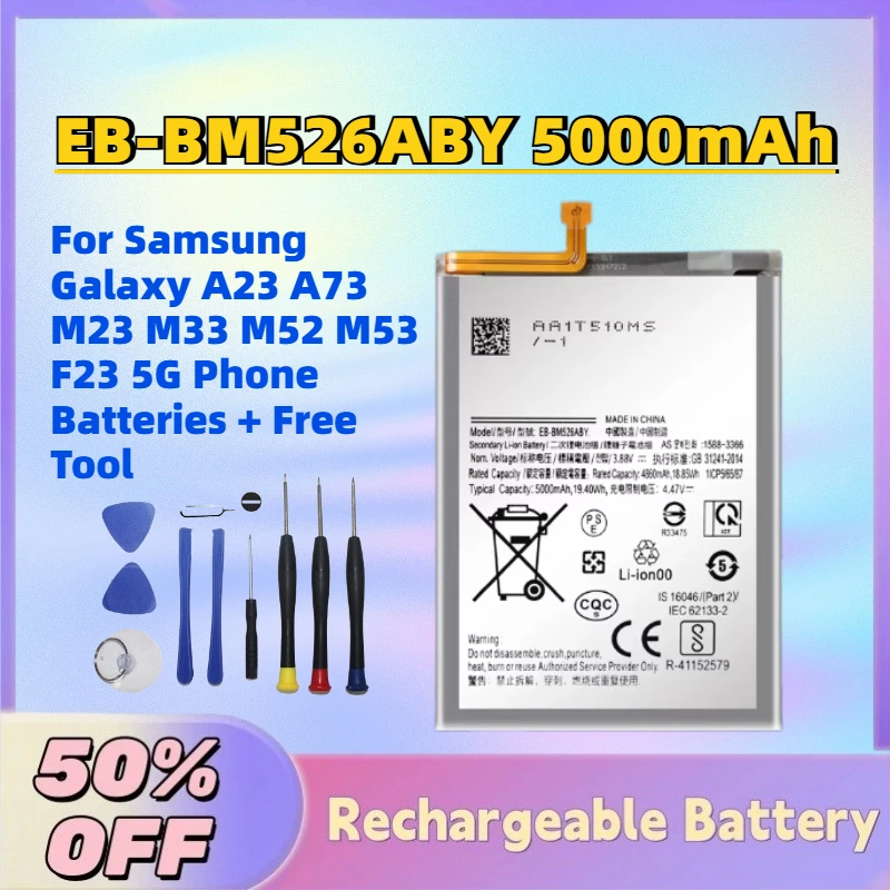 

Fast Shipping EB-BM526ABY 5000mAh 3.86V Battery for Samsung Galaxy A23 A73 M23 M33 M52 M53 F23 5G Phone Batteries + Free Tool