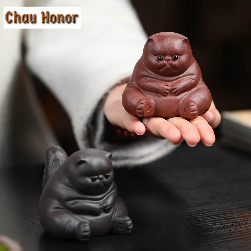 Yixing Purple Clay Tea Pet Lovely Fat Cat  Statue Ornaments Tea Figurine Desktop Crafts Chinese Raw Ore Zisha Tea Set Decoration