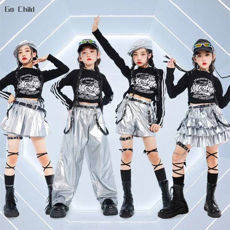 Girls K-pop Crop Top Silver Shiny Skirts Cargo Pants Street Dance Hip Hop Shorts Kids Streetwear Child Jazz Costume Clothes Sets