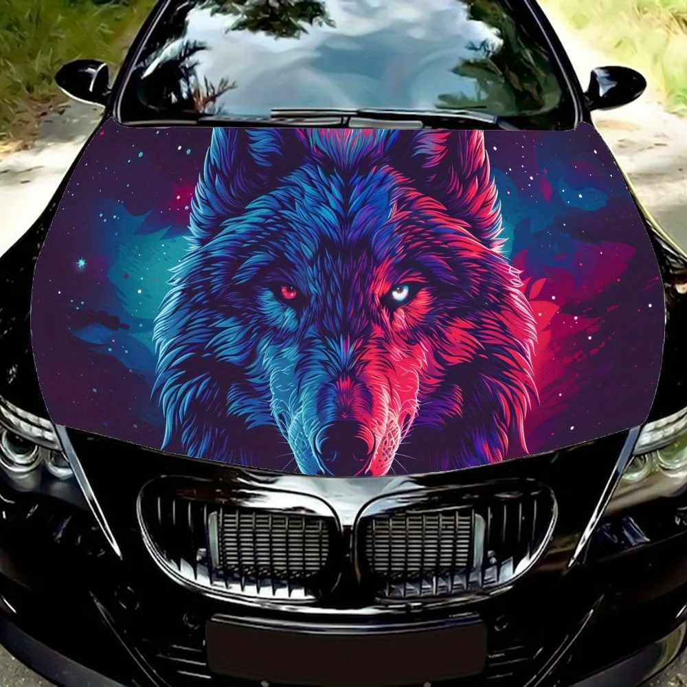 

Trendy Cosmic Wolf with Red Eye PVC Car Vinyl Wraps, Self-Adhesive Waterproof Car Hood Decal Sticker, Car Decoration Protection