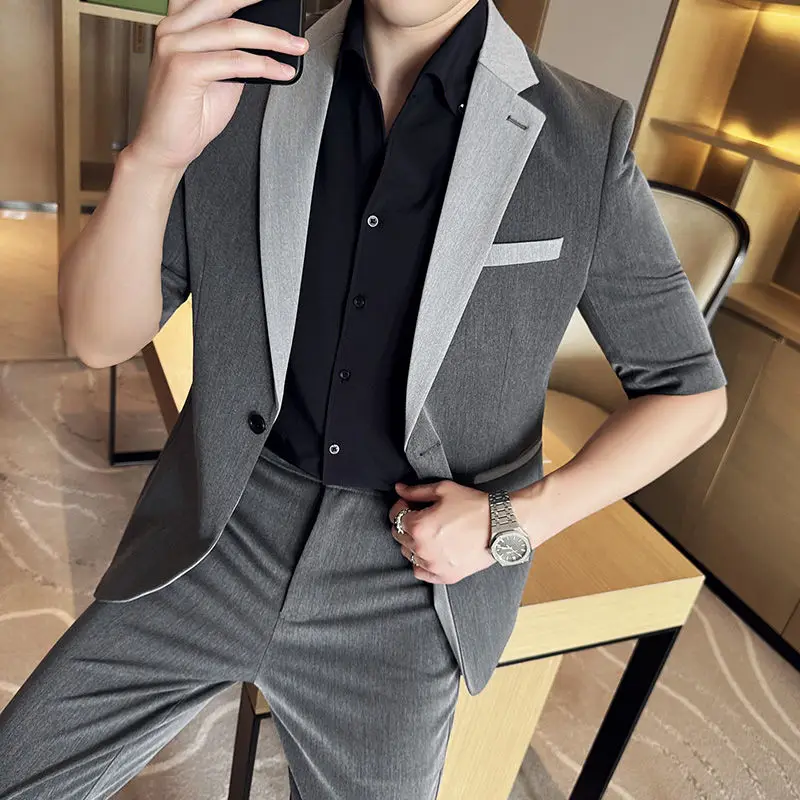 3-A112  Summer thin three-quarter sleeve suit for men Korean style slim fit stigth sleeve suit two-piece suit British styl