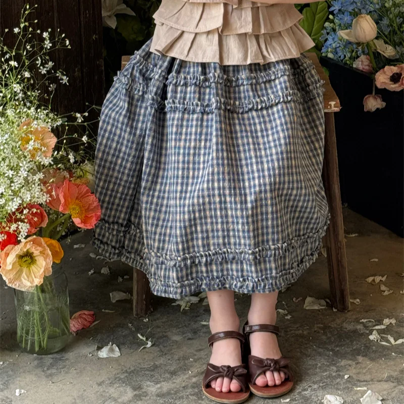 

Checkered All-match Skirt Summer New 2025 Korean Casual Loose Cute Vintage Plaid Lace Skirt Kids Clothes Girls