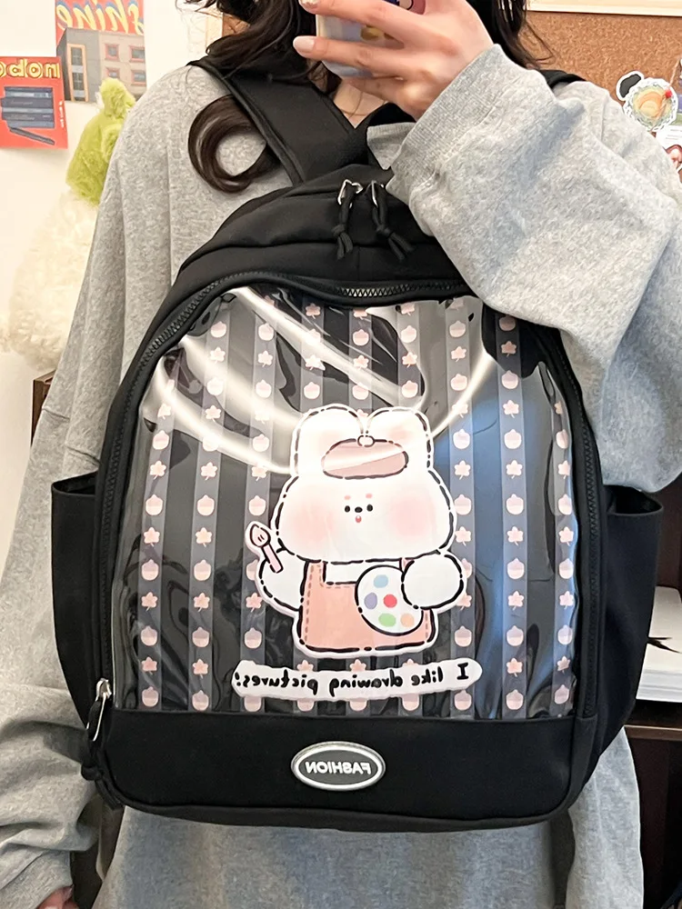 Mochila escolar grande para niña, bolsa Kawaii Ita con placa de inserción, rosa, dos bolsillos transparentes para exhibición de pines, novedad de 2024