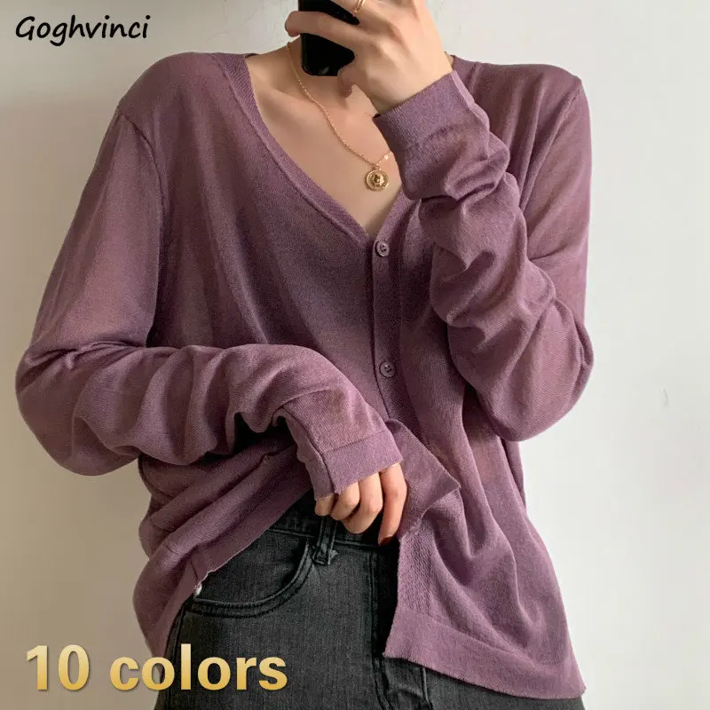 

Cardigan Women Solid Simple V-neck Buttons Top Clothing Summer Korean Style Outwear Casual Lazy Leisure Girls Elegant Womens New