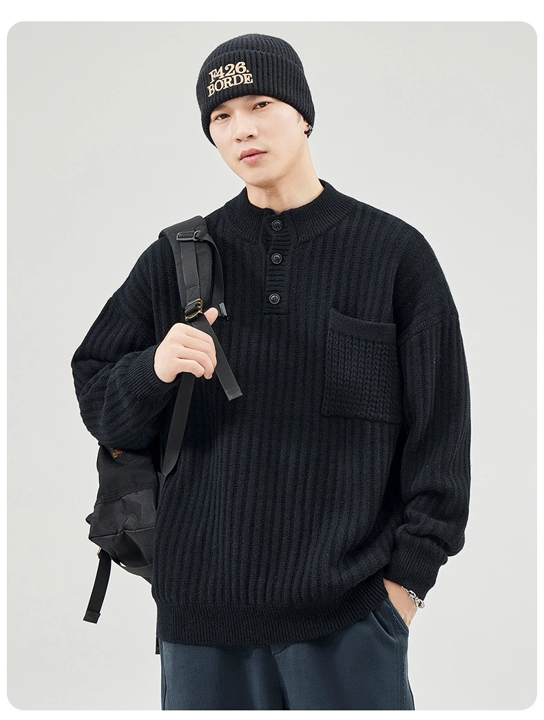 Retro Solid Half Open Neck Sweater Men's Autumn Winter New Loose Tide Heavyweight Knit Sweater Button Warm Soft