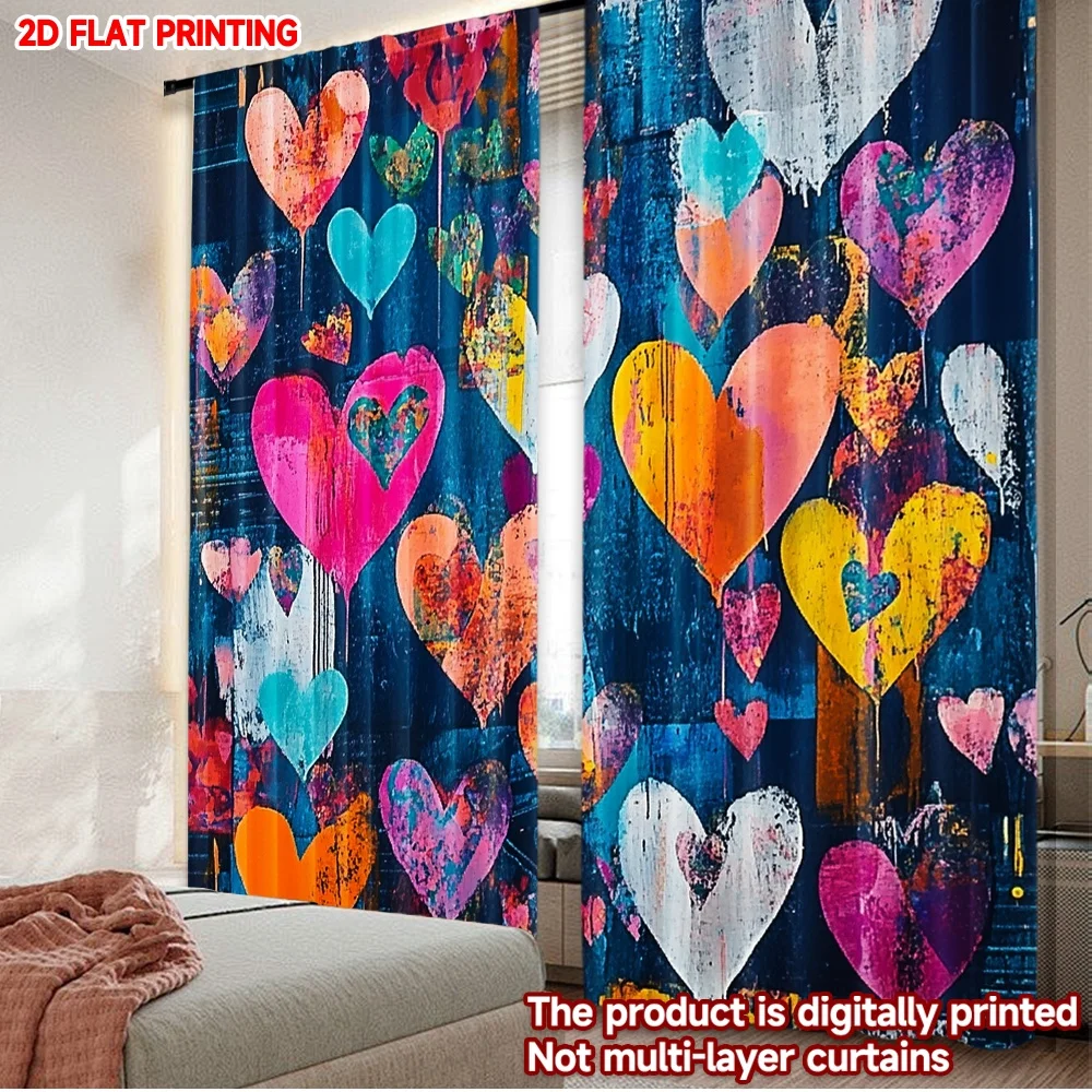 

2D flat printing 2pcs Curtain Window Curtains Valentine's Day Colorful Hearts Digital Printed Polyester Drapes Family Party