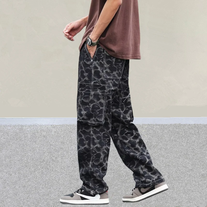 2025 Trashy Y2K Fashion Black Leopard Baggy Cargo New Jeans Pants For Men 90S Vintage Clothes Casual Cotton Trousers Moda Hombre