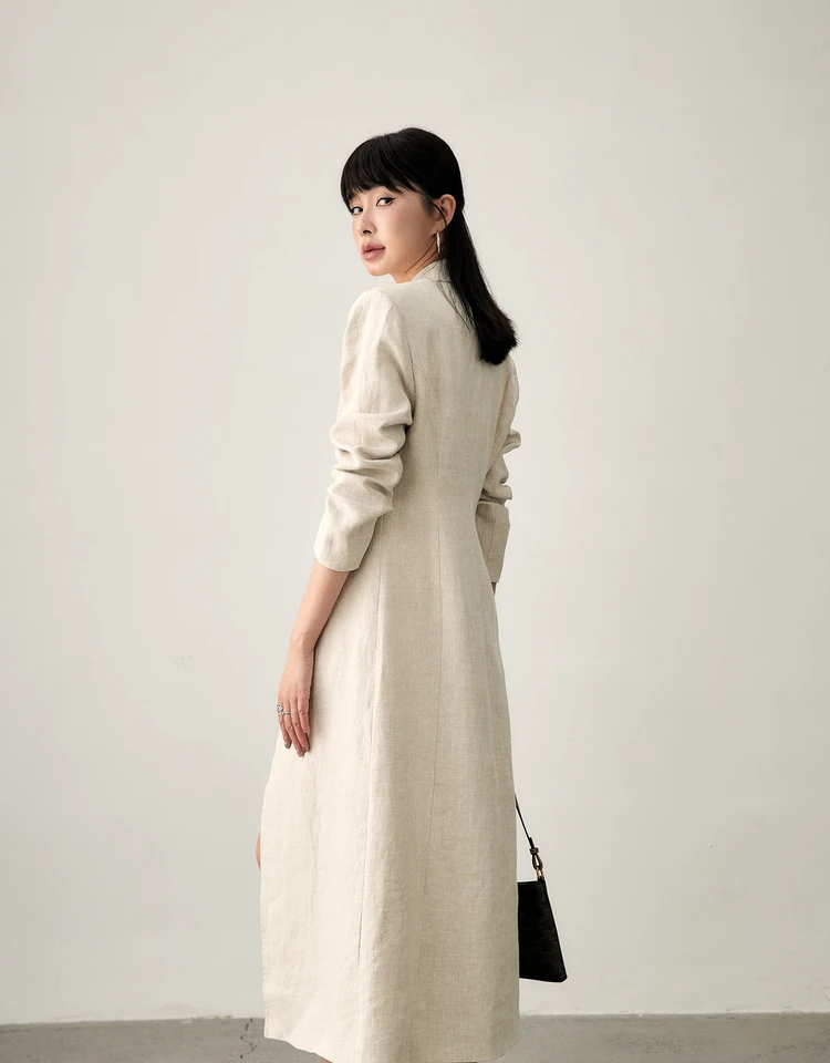 New Women Fashion Peak Lapel Button Long Coat Office Lady Formal linen Solid Color slim trench