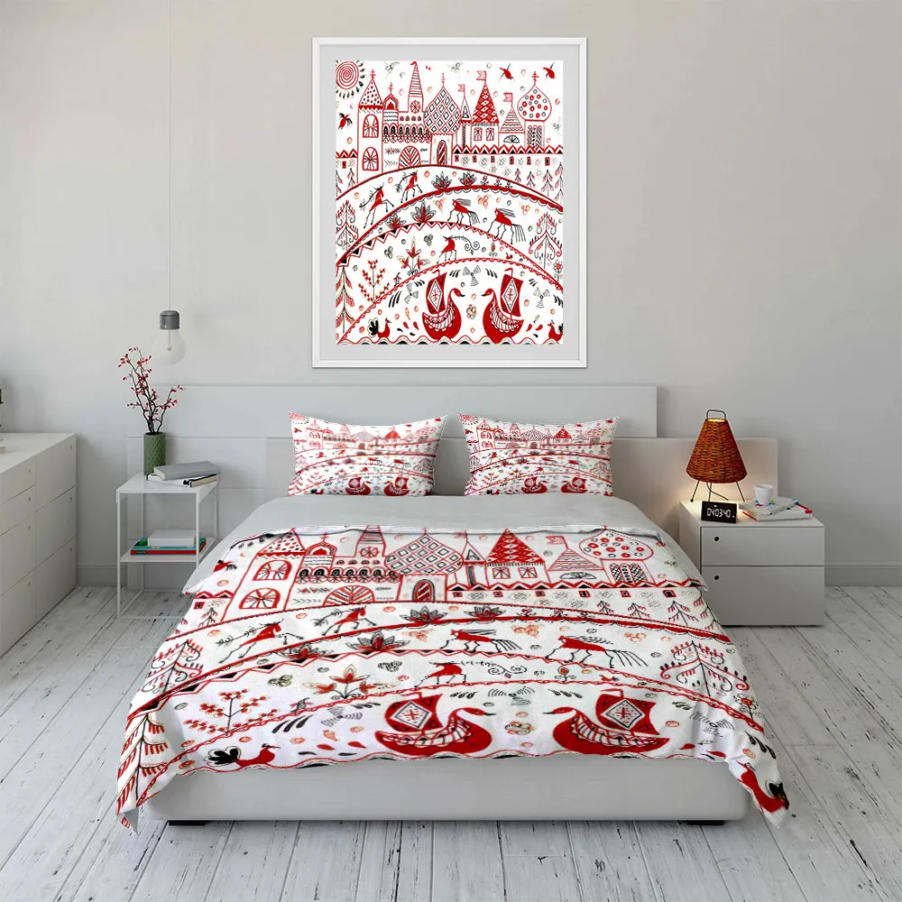 Russian folk art castles and animal patterns Bedding Set for Kids Luxury Gift 3pcs Digital Print Comforter Set Soft Comfortable
