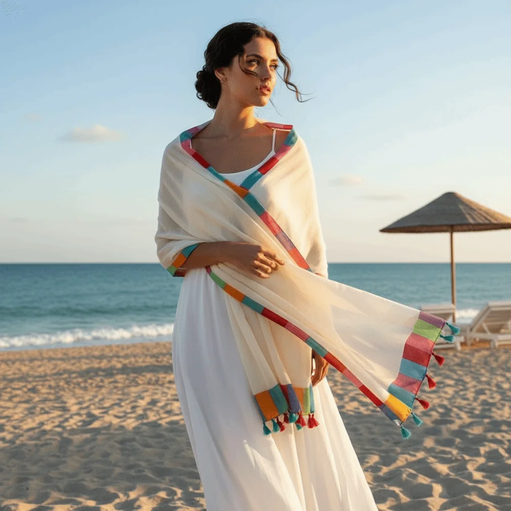 

Neck Wrap Rainbow-Border Linen Scarf Color-Block Tasseled Summer Shawl Breathable Lightweight Beach Wrap Beachgoers