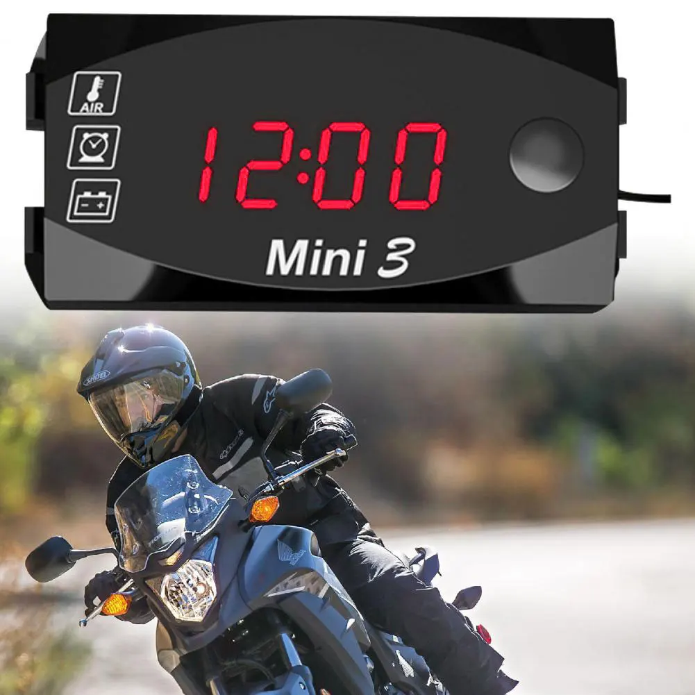 12V Motorcycle Electronic Clock Dust-proof 3 in 1 Motobike Thermometer Voltmeter Digital Display Digital Voltage Meter