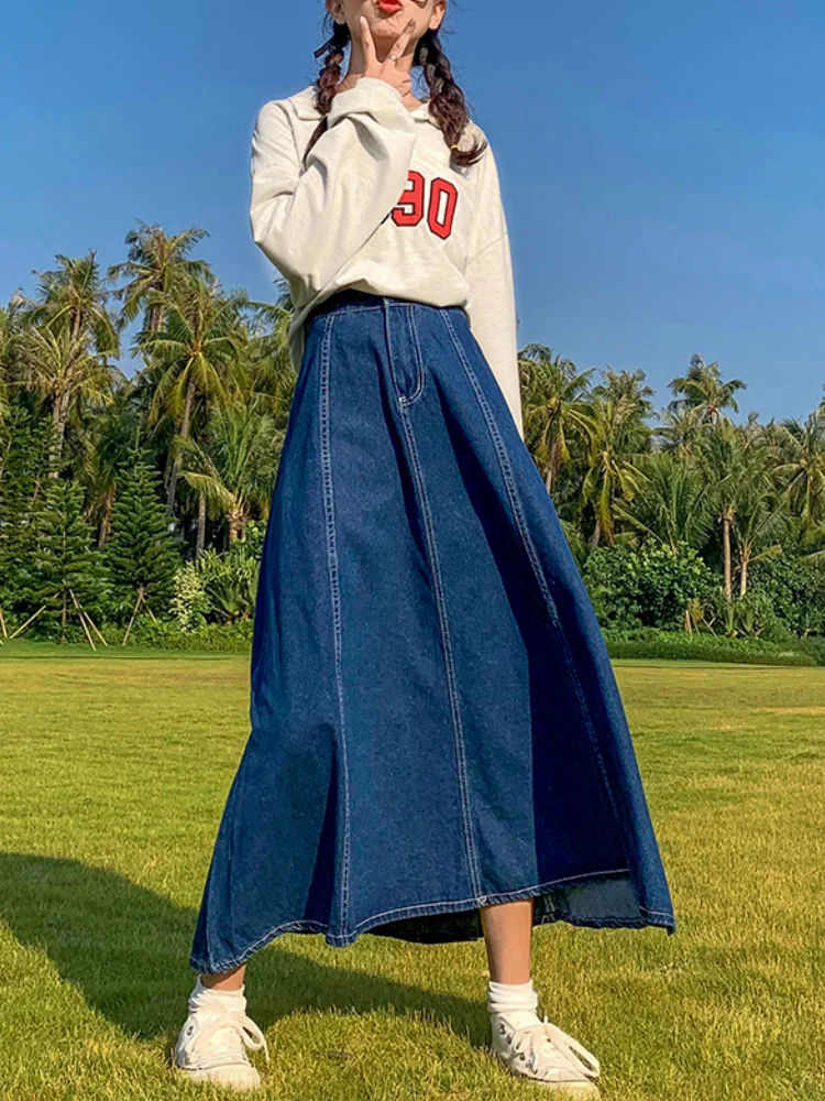 

Maxi Long Skirts Women Spring Summer Casual High Waisted Jean Skirt Ladies Splicing A-Line Ruffle Denim Skirt Plus Size 5XL 6XL