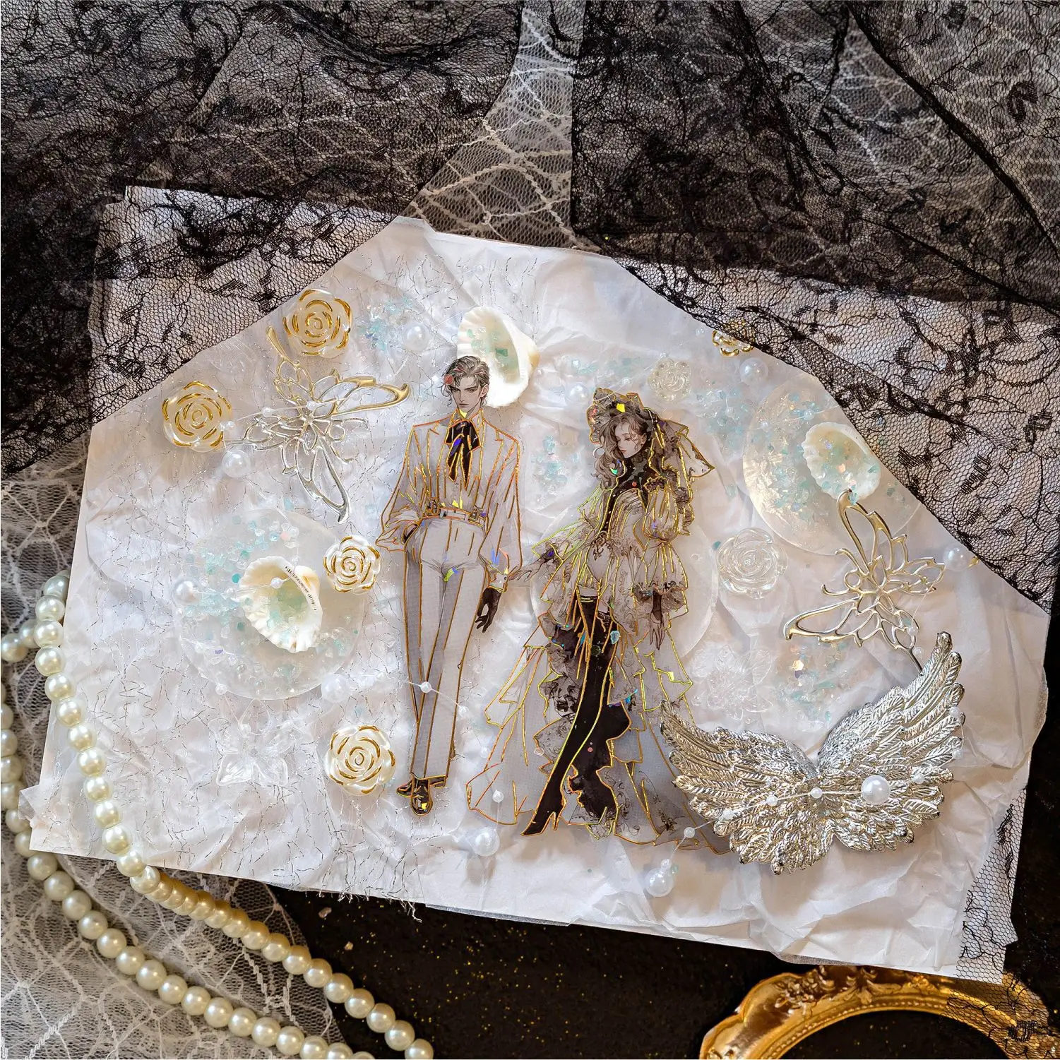 10pcs Dark Glory Series Decorative Sticker Retro Laser Gold Shell Light Scrapbooking Label Diy Diary Album Journal Planner