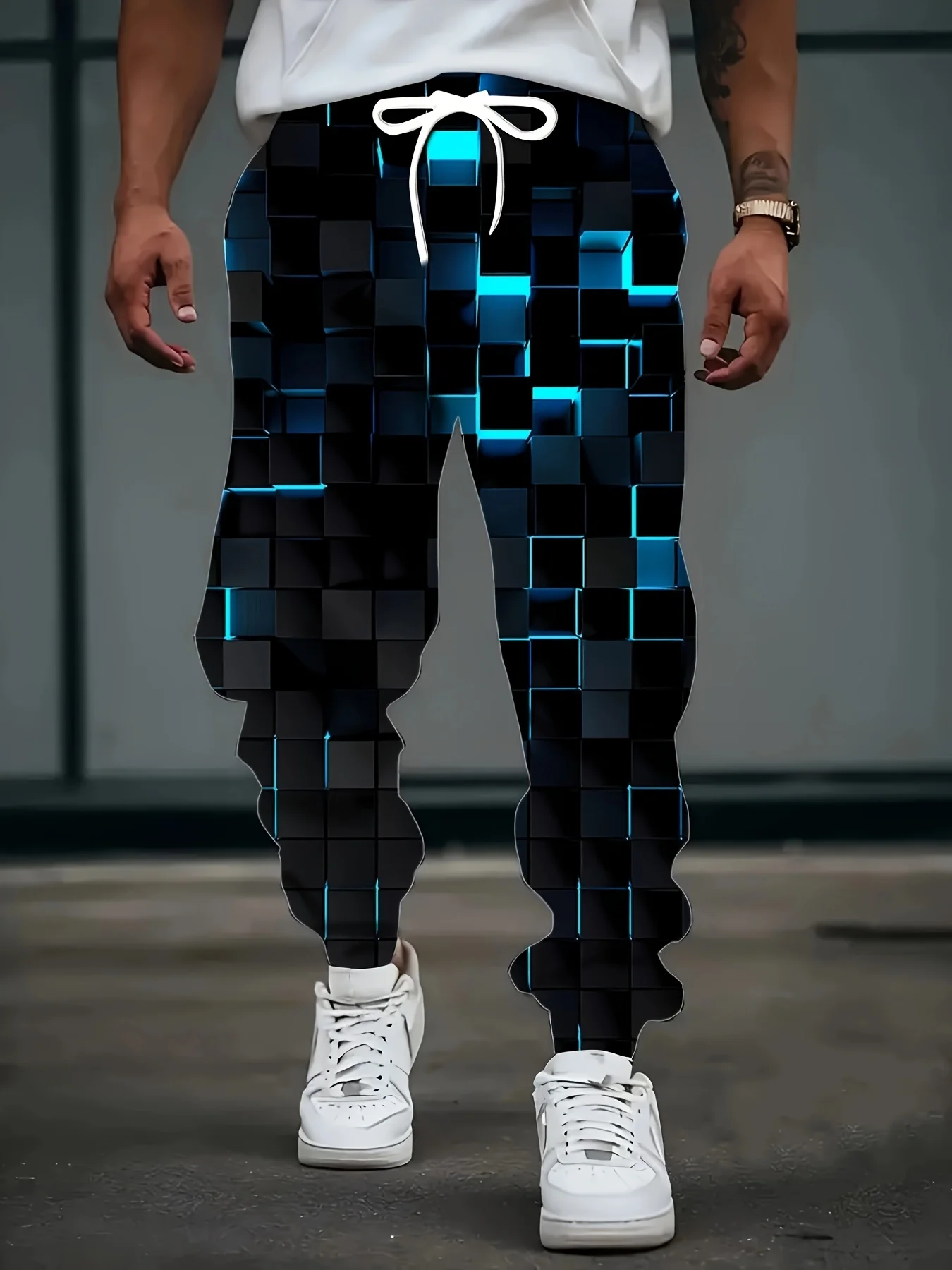 Men's Fashion 3D Geometric Square Print Sweatpants  Drawstring and Pockets  Stylish Long Pants for Home Sleepwear Casual Comfort