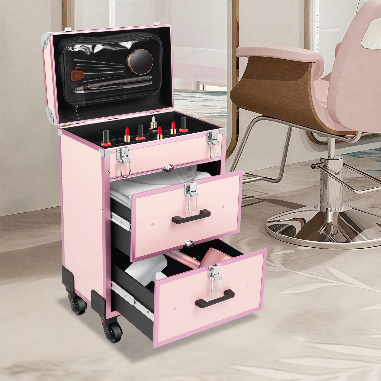 

Чехол для макияжа на колесиках, с выдвижными ящиками, профессиональный органайзер для хранения косметики, розовый чехол для косметических инструментов для макияжа с колесиками