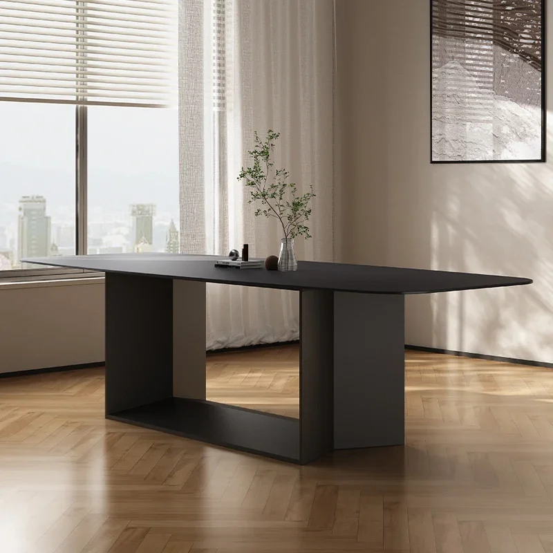 

Pure black matte rock slab dining table minimalist light luxury rectangular household large apartment villa furniture