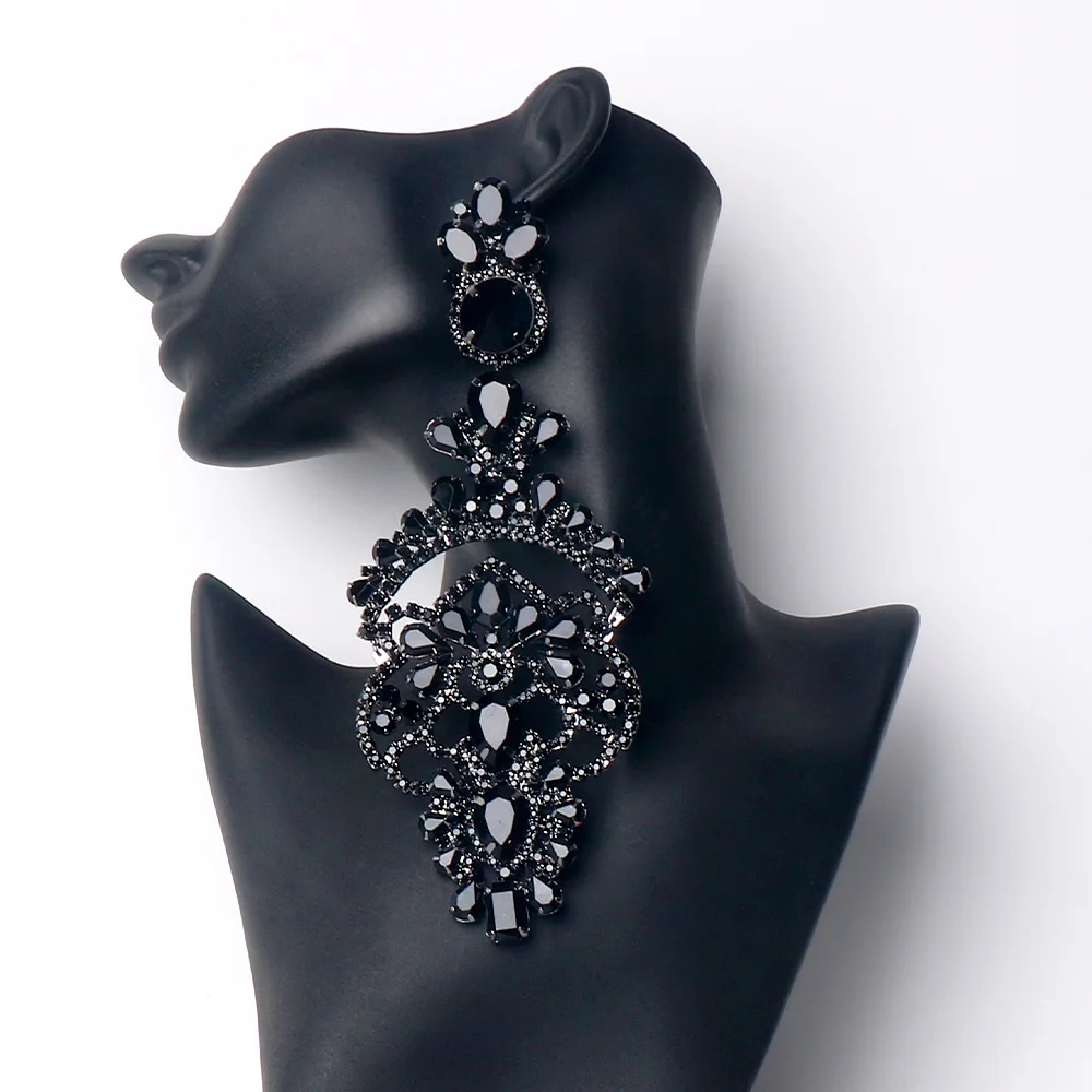 Exaggerated Black Crystal Earrings Statement Accessories 2024 for Women Oversize Rhinestone Large Dangle Earrings Prom Jewelry