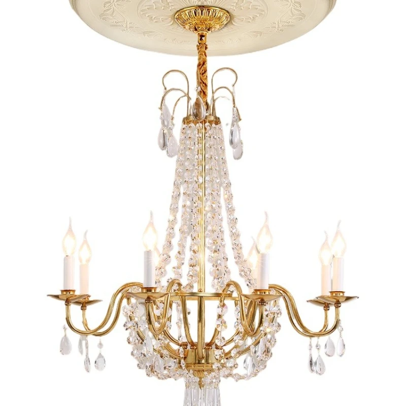 

French light luxury living room chandelier, European-style villa palace atmosphere bedroom crystal copper lamp
