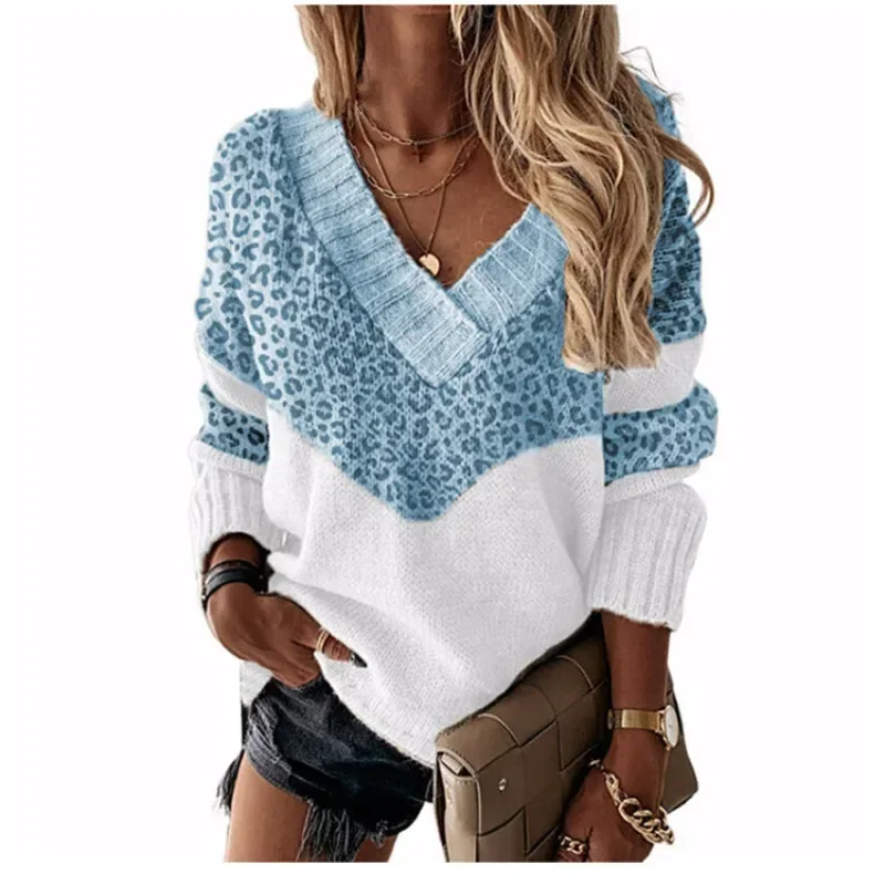 Vintage Elegant Fashion Warm Thick Patchwork Long Sleeve V Neck Loose Knitwear Women Leopard Knitted Pullover Sweater Top