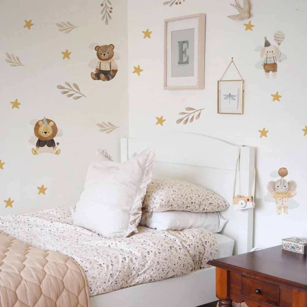 Cartoon Cute Elephant Lion Wall Sticker Cute Animal Star Dreamy Wallpaper Stickers For Baby Girl Room Wall Decals Interior Decor