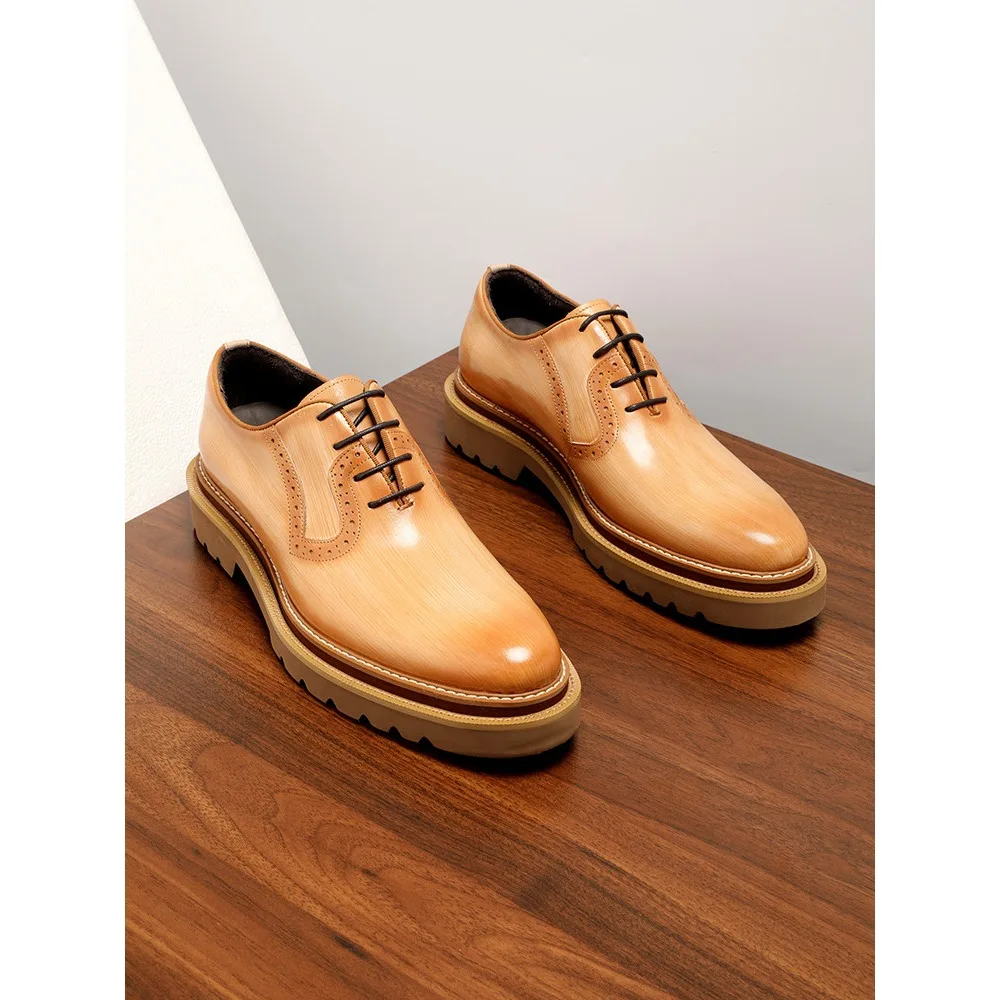Vintage British Style Mens Genuine Leather Casual Shoes Breathable Thick Sole Round Toe Lace Up Trendy Summer Shoes