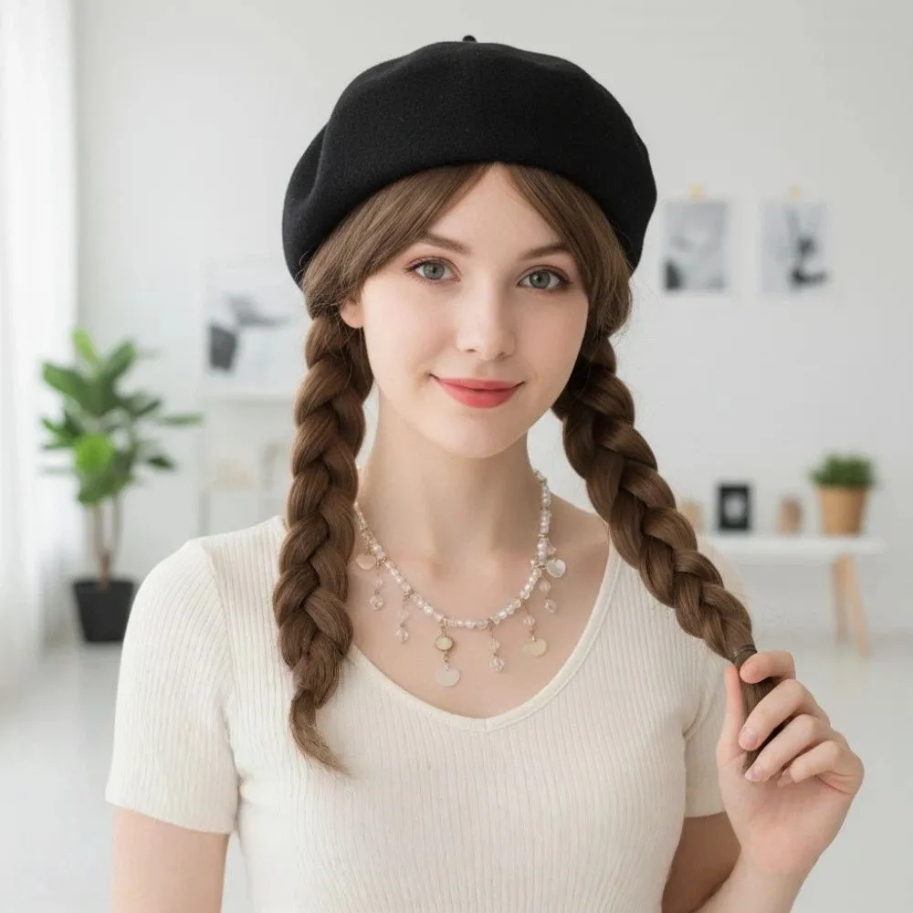 

Fashionable Long Curling Hair Wig Hat Detachable All-in-one Wig Beret Braided Design Lifelike Double Braid Wig Cap Women