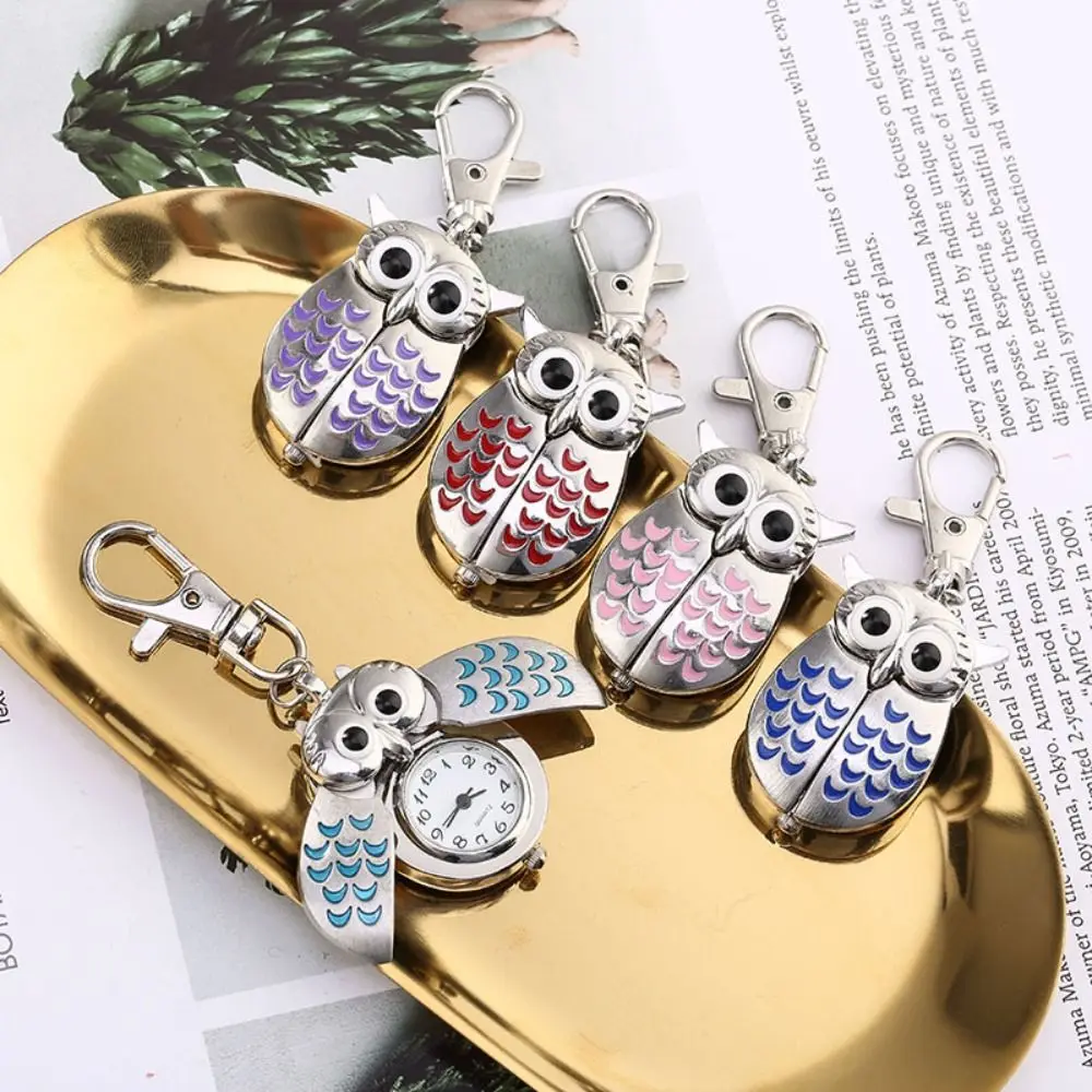 أزياء الوجه نمط قلادة شنقا ووتش صغيرة لطيف البومة المفاتيح ساعة الجيب على سلسلة الكرتون الأطفال الساعات ارتداء اليومي
