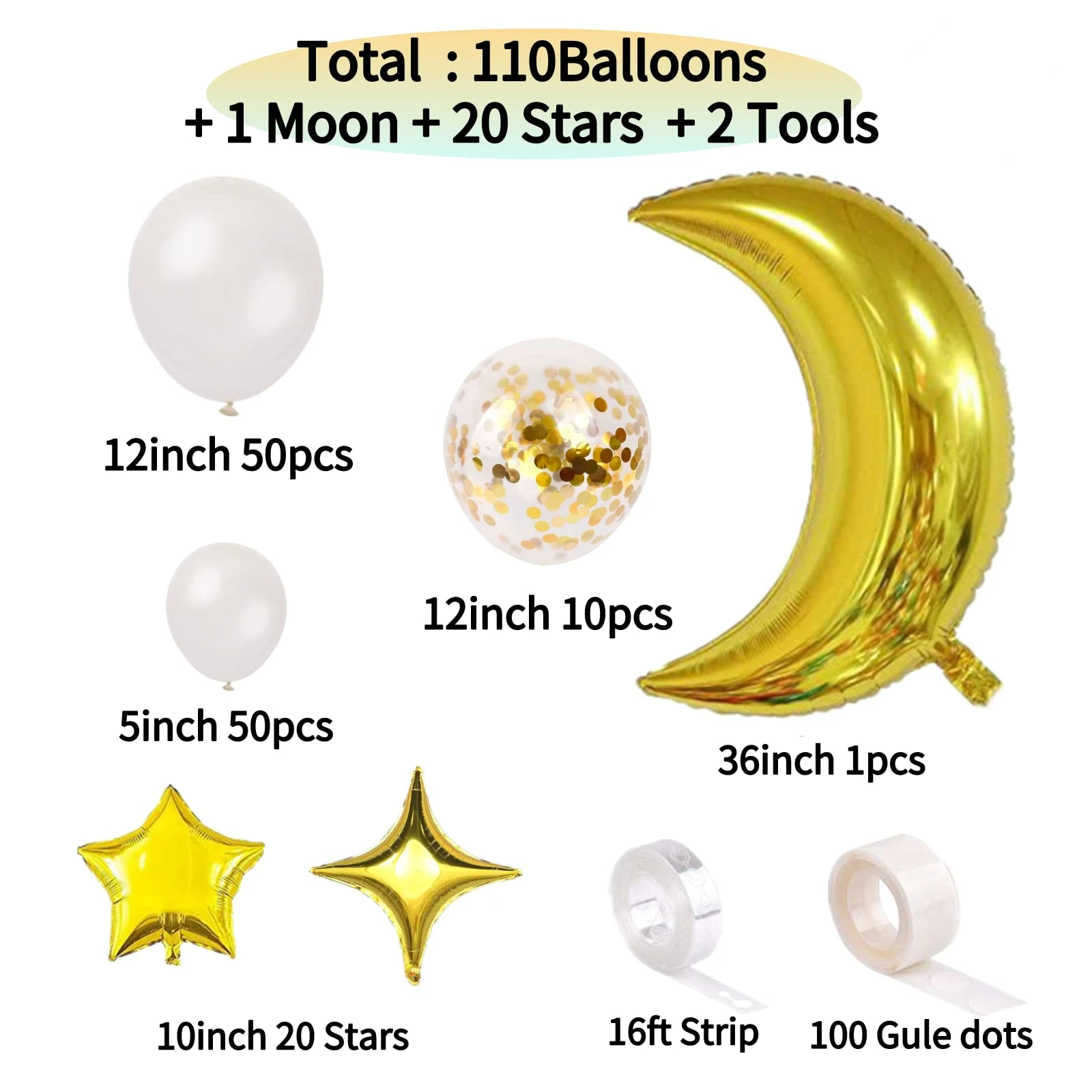 131pcs White Gold Confetti Balloons with Moon and Stars Balloon Garland for Wedding Anniversary Birthday Party Decorations