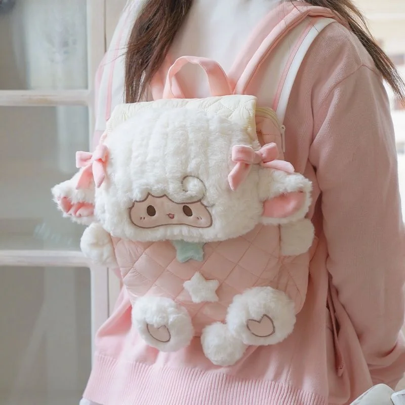 กระเป๋าเป้ JIAERDI ลายแกะน่ารัก สไตล์การ์ตูน ขนปุย จุของได้เยอะ เหมาะสำหรับนักเรียน ผู้หญิง สไตล์โลลิต้า พร้อมโบว์ ใช้ได้ทุกวัน