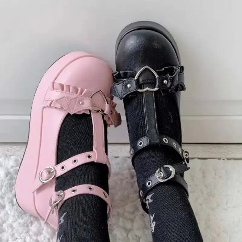 new Sweet Heart Buckle Wedges Mary Janes Women Pink T-Strap Chunky Platform Lolita Shoes Woman Punk Gothic Cosplay Shoes