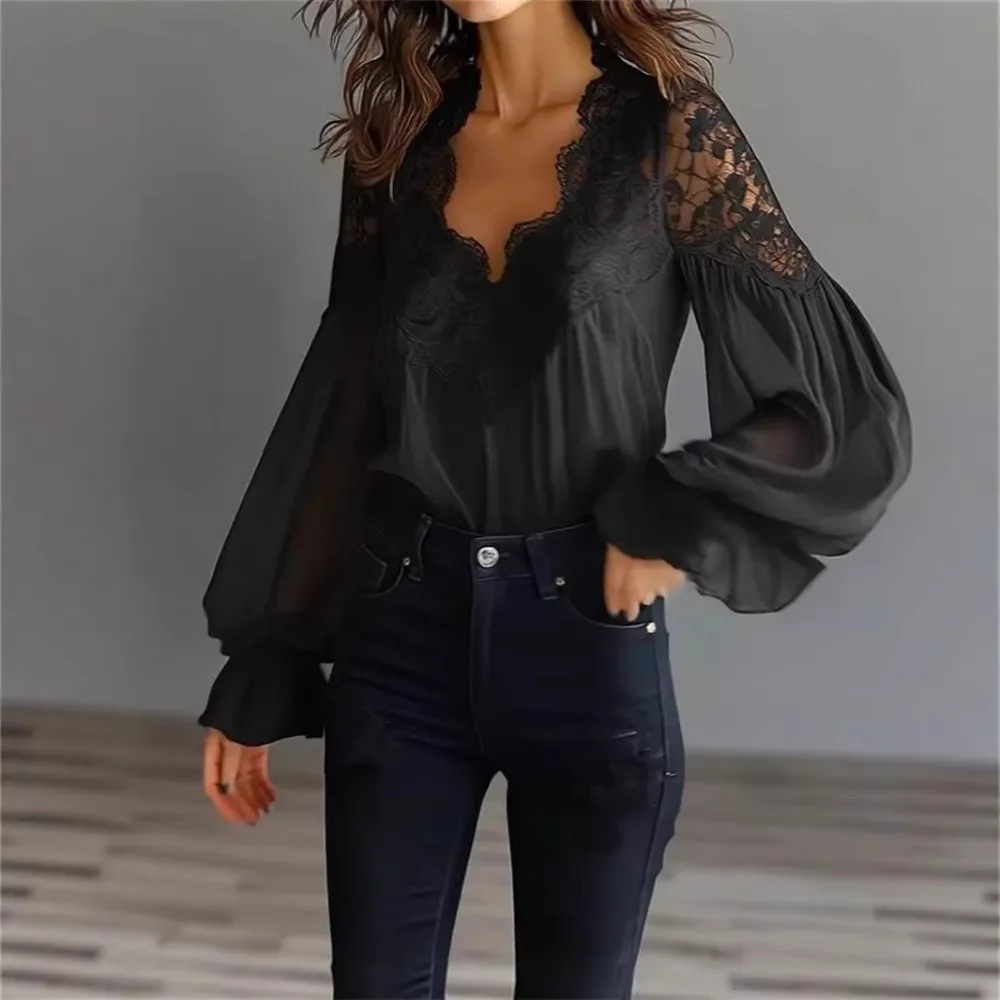 

Рубашка с кружевными вставками, дышащая, удобная, с V-образным вырезом, в французском стиле, однотонная, с рукавами-фонариками, для повседневной носки