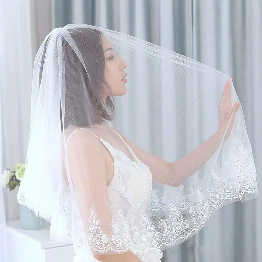 Wedding Lace Veil Sparkle Hip Length Veil 2 Tier Soft Tulle Bridal Veils With Comb