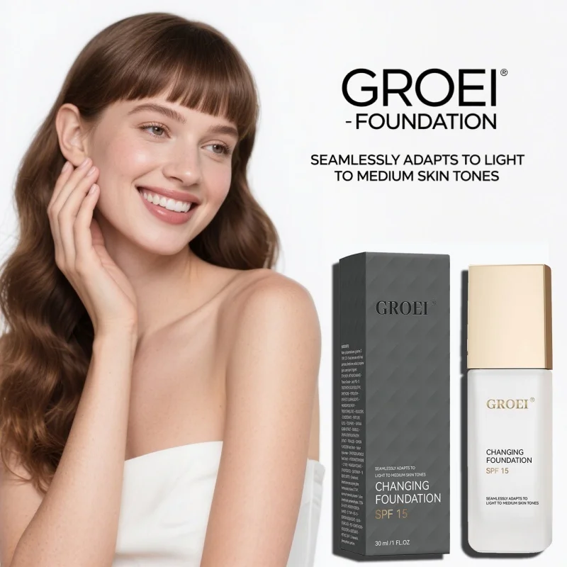 GROEI Changing Foundation FPS 15 - 30ml Maquiagem adaptativa de cor, combina automaticamente seu tom de pele, cobertura leve para manchas e vermelhidão