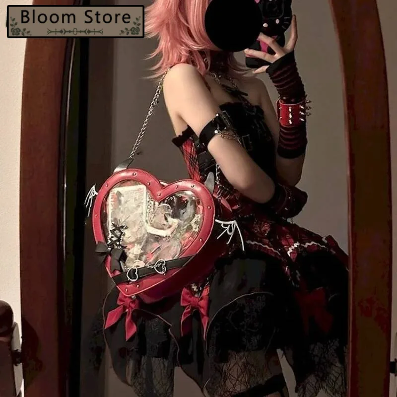 

Y2k Aesthetic Punk Belt Gothic Wings Shoulder Handbags Kawaii Heart Bandage Bow Underarm Bag Transparent Fashion Sweet Ita Bags