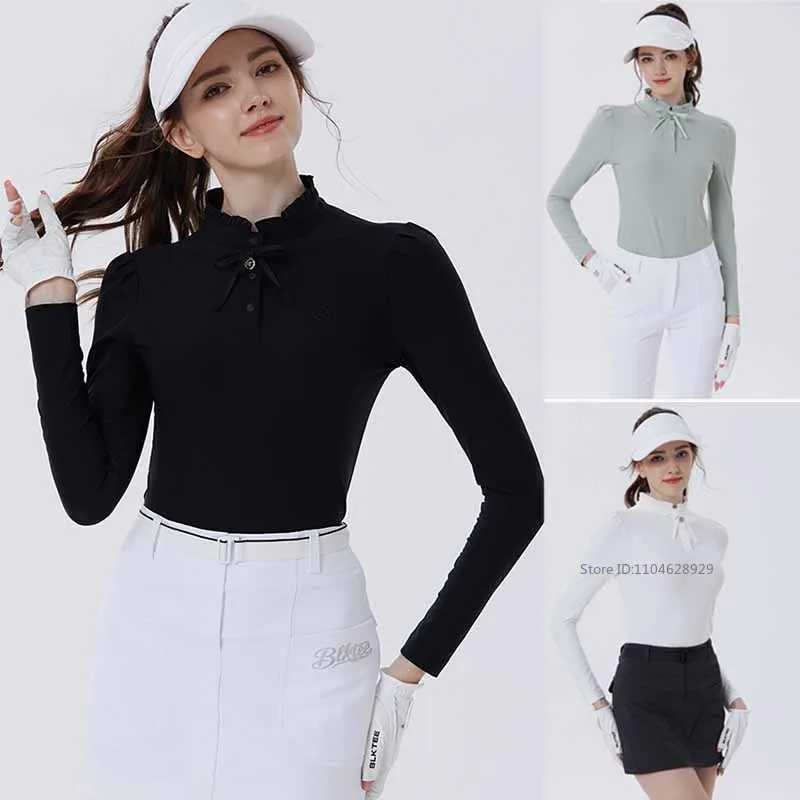 PL Fall Spring Golf Polo Shirts Women Ruffle High-end T-shirt Bow Collar Long Sleeve Sports Top Ladies Breathable Golf Apparel