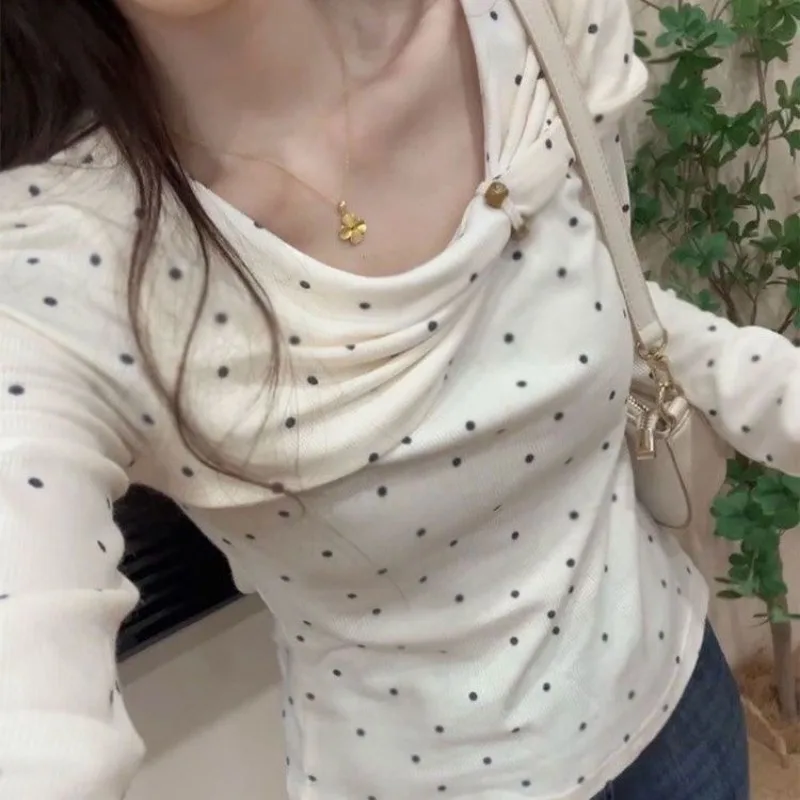 

Korean Style Polka Dot Twist Long-sleeved T-shirt Women's Square Neck Slim Bottoming Shirt Top