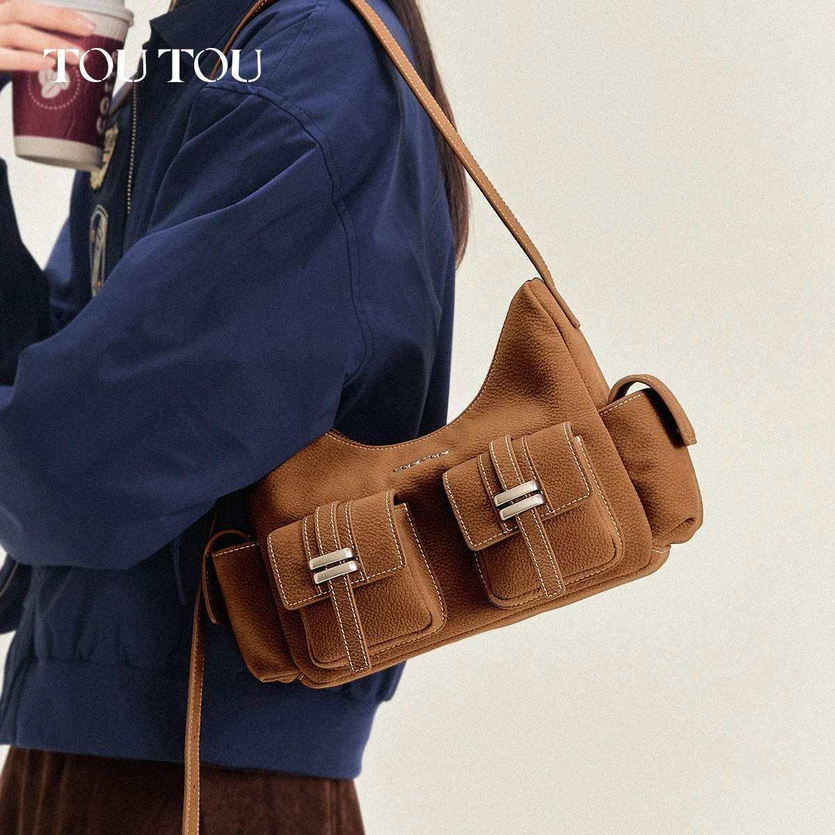 

toutou official store Retro Y2K bag Bags for women PU Leather Multi-Pocket Large Capacity Adjustable Strap Commuting Purse