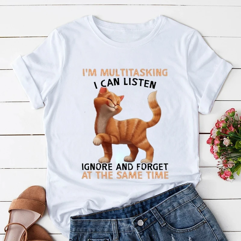 Am Always multitasking Cute Cat Women's T shirt Summer Fashion Casual Tees O Collar Top Kitty's My Best Friends T-shirt COTTON